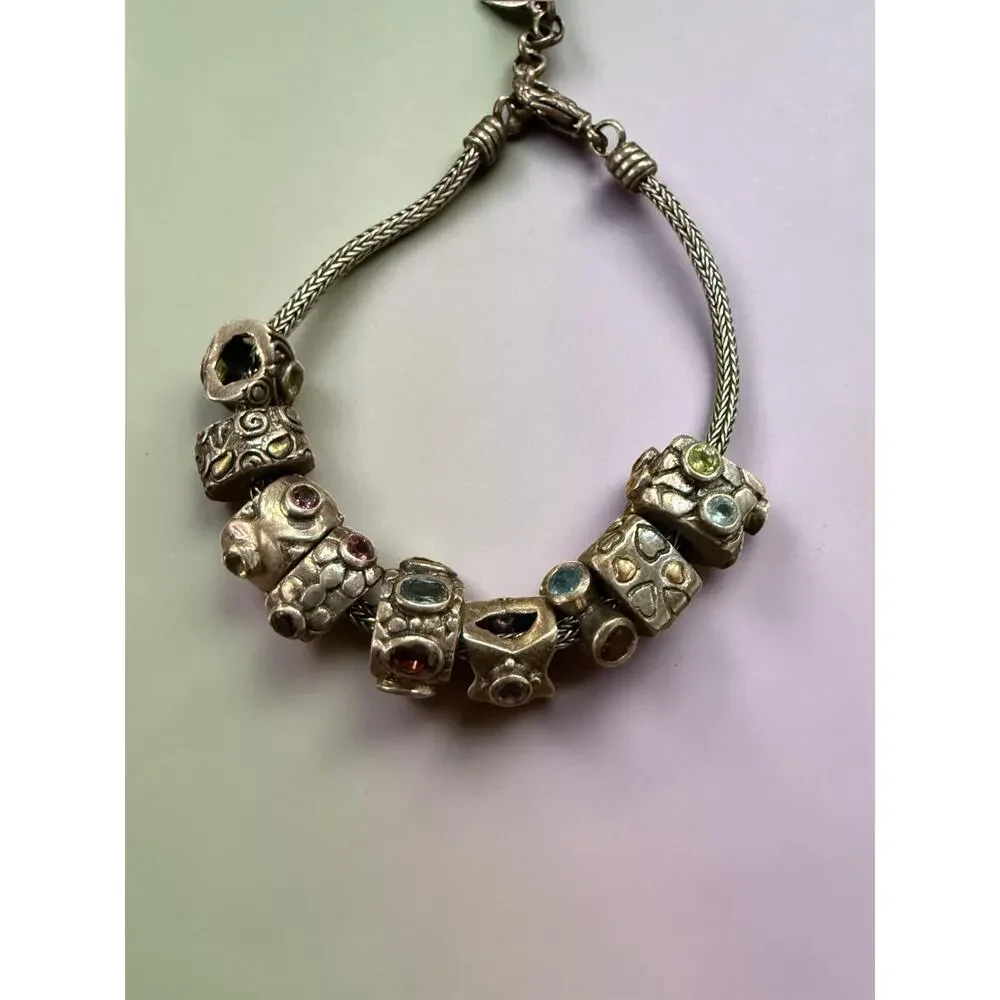 Samuel B 925 Sterling Silver Wheat Chain Gemstone Charm Bracelet Boho 9